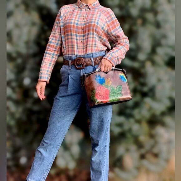 Genuine Distressed Leather Relief Floral & Butterfly Embossed Satchel/Crossbody - Picture 2 of 16